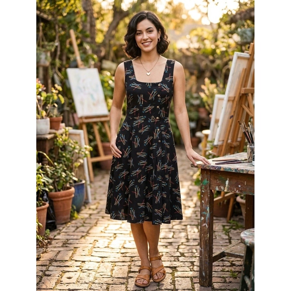 Effies Heart Paintbrush Art Print Dress Black Square Neck Fit Flare Mid Length M